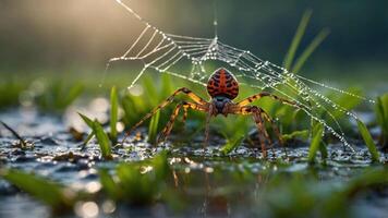A close-up of a spider weaving its web in a grassy area, illuminated by sunlight. photo