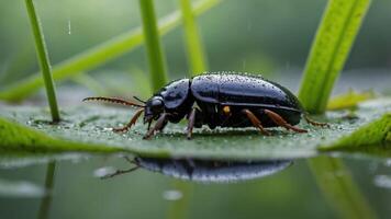 A close-up of a black beetle on a leaf, surrounded by droplets of water. photo