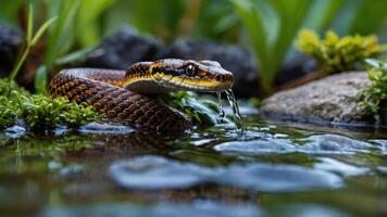 A close-up of a snake drinking water in a natural setting with lush greenery. photo