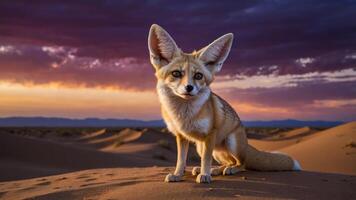 A fennec fox sits on sand dunes at sunset, showcasing its large ears and striking features. photo