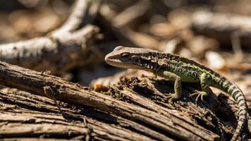 A close-up of a lizard resting on a log in a natural setting. photo