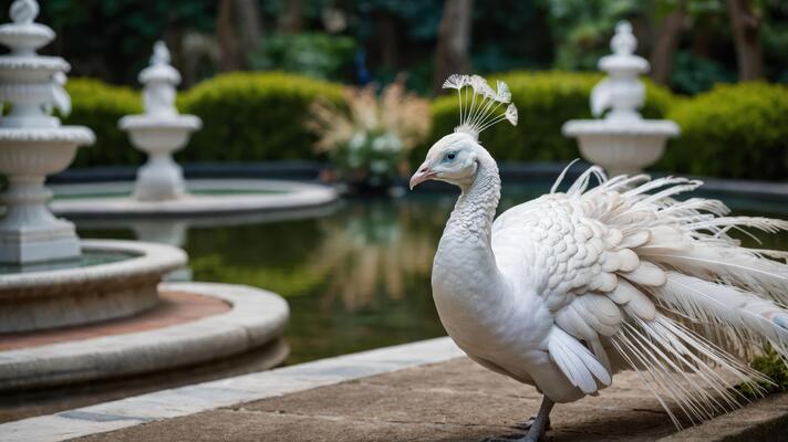 A white peacock stands gracefully near a serene garden pond with fountains.