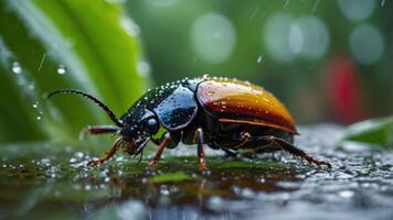 A close-up of a shiny beetle on a leaf, glistening with rain droplets. photo