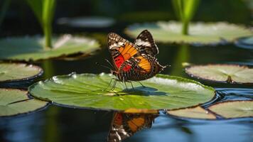 A butterfly perched on a lily pad, reflecting in the water, surrounded by greenery. photo