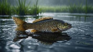 A close-up of a fish swimming in a tranquil, misty environment. photo
