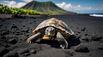 A turtle on black volcanic sand with a lush green mountain in the background. photo
