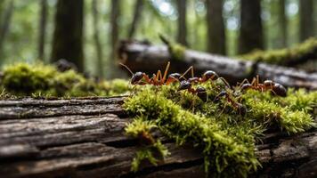 A close-up of ants on moss-covered logs in a forest setting. photo
