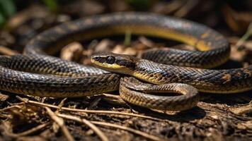 A close-up of a snake resting on the ground, showcasing its scales and natural habitat. photo