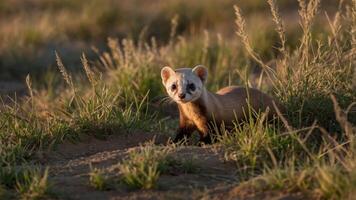 A small mammal stands in a grassy field during golden hour, showcasing its natural habitat. photo