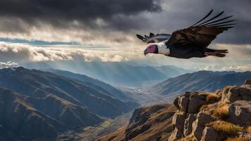 A majestic vulture soaring over a mountainous landscape with dramatic clouds. photo