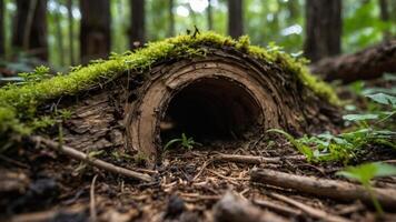 A moss-covered log with a hollow opening in a lush forest setting. photo