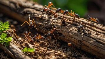 A close-up of ants working on a log in their natural habitat. photo