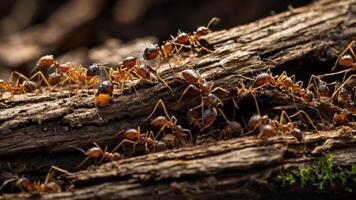 A close-up of ants on a log, showcasing their intricate movements and teamwork. photo
