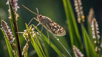 A close-up of a patterned insect resting on green grass and flowers in natural light. photo