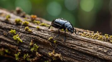 A close-up of a black beetle on a moss-covered log in a natural setting. photo
