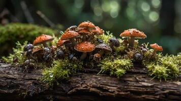 A cluster of vibrant orange mushrooms growing on a mossy log in a forest setting. photo