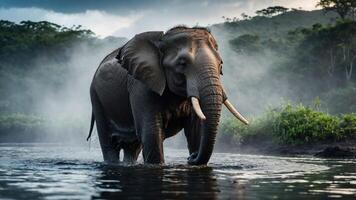 An elephant wades through a misty river in a lush, green landscape. photo