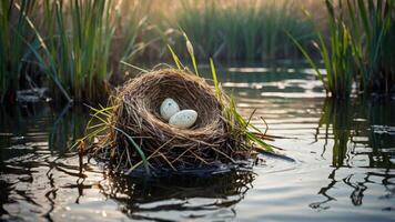 A nest with three eggs resting in calm water surrounded by tall grass. photo