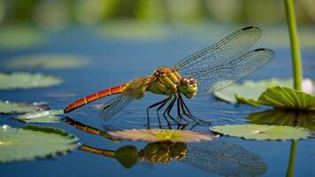 A dragonfly perched on water lilies, reflecting in the calm water of a serene pond. photo