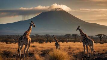 Giraffes in a scenic landscape with a volcano backdrop at sunset. photo