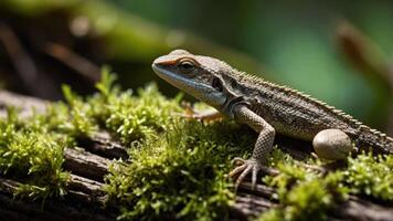 A close-up of a lizard resting on moss-covered wood in a natural setting. photo