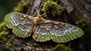 A detailed close-up of a moth resting on textured bark with moss. photo