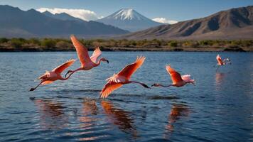 A serene scene of flamingos flying over a tranquil lake with mountains in the background. photo