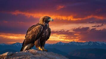 A majestic eagle perched on a rock against a vibrant sunset and mountain backdrop. photo