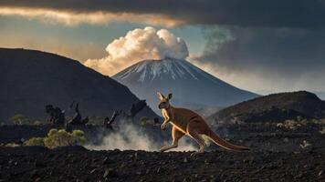 A kangaroo leaps across a volcanic landscape with an erupting volcano in the background. photo