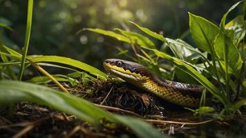 A close-up of a snake blending into lush greenery, highlighting its natural habitat. photo