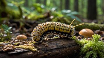A close-up of a colorful caterpillar on a log amidst a forest setting with mushrooms. photo