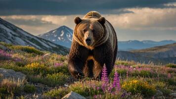 A majestic bear walks through a vibrant landscape filled with flowers and mountains. photo