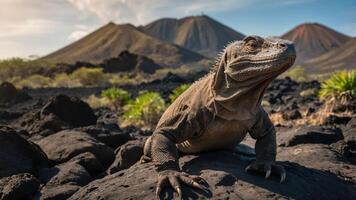 A lizard basking on volcanic rocks with mountains in the background under a sunny sky. photo