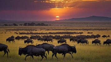 A herd of wildebeests migrating at sunset in a vast savanna landscape. photo