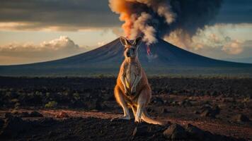 A kangaroo stands in the foreground with a volcano erupting in the background. photo
