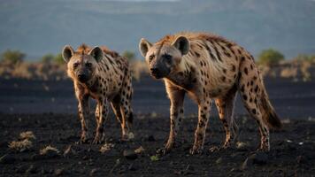 Two hyenas standing on a dark, rocky terrain with a blurred background of hills. photo