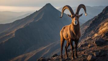 A majestic ram stands on rocky terrain with mountains in the background during sunset. photo