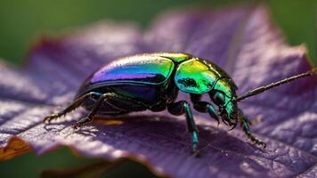 A vibrant beetle with iridescent colors resting on a leaf. photo