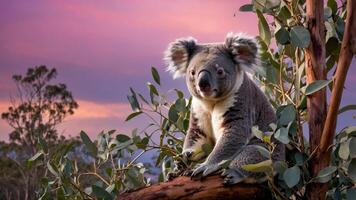 A koala perched on a eucalyptus branch against a colorful sunset backdrop. photo