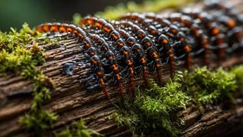 A close-up of a caterpillar-like creature on a mossy log in a natural setting. photo