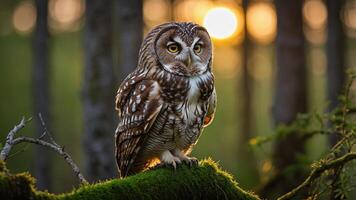 A majestic owl perched on a mossy branch with a sunset in the background. photo