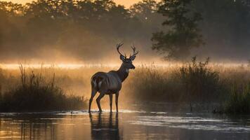 A deer stands in misty waters at dawn, surrounded by lush vegetation and soft light. photo