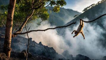A monkey hangs from a branch in a misty, mountainous landscape. photo
