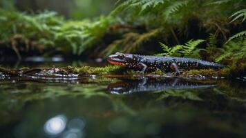 A salamander resting on a mossy log near a reflective water surface in a forest setting. photo