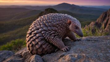 A pangolin climbs a rocky surface at sunset, showcasing its unique scales and natural habitat. photo