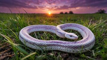 A white snake coiled in grass with a sunset backdrop. photo