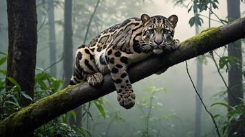 A majestic clouded leopard resting on a mossy branch in a misty forest. photo