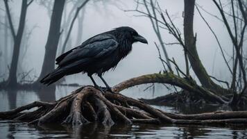 A raven perched on a gnarled root in a foggy wetland, evoking a mysterious atmosphere. photo