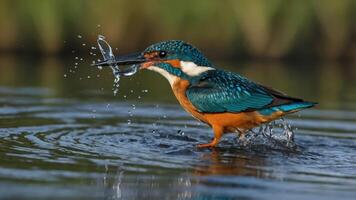 A kingfisher catching a fish, creating splashes in the water. photo