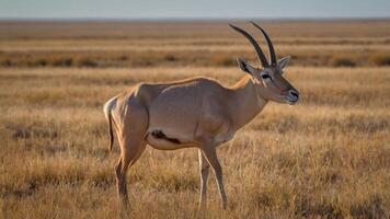 A lone antelope stands in a vast grassland under a clear sky. photo